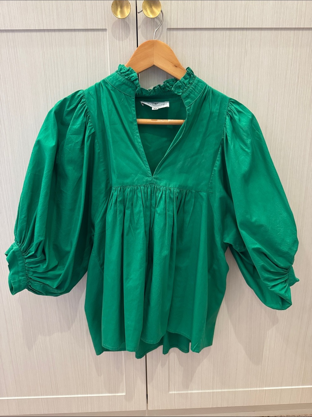 Emerald Puff-Sleeve Ruffled Neck Blouse